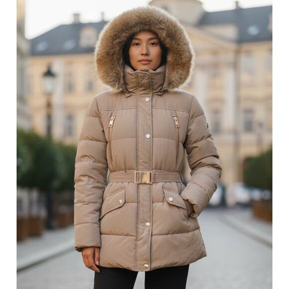 MICHAEL KORS Down Hooded Belted Puffer Coat Size M Water Resistant Zip Closure - Picture 3 of 15